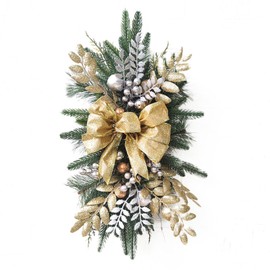 Christmas Garland for Stairs Railing,Cordless Stairway Swag Trim,Floral Ball Staircase Decoration Stair Swags,Small Large Christmas Wreaths Outdoor Front Door Wall Window (Gold, 60cm*30cm)