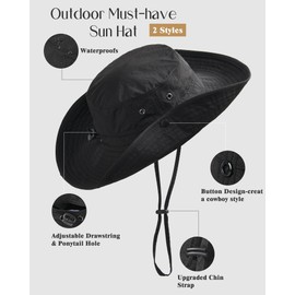 FURTALK Sun Hat for Women Men UV Protection Safari Hat Womens Summer Wide Brim Packable UPF80 Hiking Fishing Cowboy Style hat Black