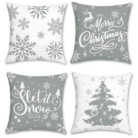 Bonhause White and Grey Christmas Cushion Covers 45 x 45 cm Gray Winter Snowflake Xmas Decorative Throw Pillow Covers Soft Velvet Pillowcases for Sofa Bed Home Holiday Xmas Decor Set of 4