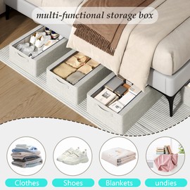 YWPXSN 3PCS Under Bed Storage Bins with Metal Frame, Linen Fabric Frame Storage Box Clothes Organizer Bins, Underbed Container with Clear Window (Light Grey, 23.6 x 13 x 6IN)