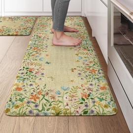 KIMODE Kitchen Mats Cushioned Anti Fatigue, Summer Farmhouse Flower Kitchen Rugs Sets of 2, Padded Kitchen Floor Mats, Non Slip Standing Mats for Sink Laundry Office Desk Brown 20"x47"+20"x32"