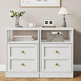 RoyalCraft White Nightstand Set of 2, End Table with Storage Shelf and Door, Faux Two-Drawer Design Side Table, Modern Night Stand for Bedroom Dorm, Wood Beside Table for Small Spaces