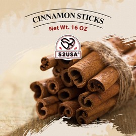 52USA Cinnamon Sticks, Cinnamon 16 oz (453g), Whole Cinnamon Sticks, 100% Raw, Kosher Certified, Gluten Free, Pure & Fresh Cinnamon, Perfect for Baking, Cooking & Beverages