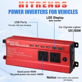 HITRENDS 900W Power Inverter 12V to 110V, DC to AC Car Inverter with 4USB Quick Charge (24W) and 2 AC Power sockets. Suitable for Camping, RVs, Laptop Computers. Holds CE and FCC, ROHS certifications