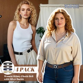 WERFORU 4 Pack Women Skinny Elastic Waist Belt Stretchy Thin Belt for Dress Jeans?Black+Coffee+Khaki+Blue, Fit Waist Size 31-41 Inches-