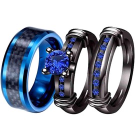 ringheart 2 Rings His and Hers Couple Rings Bridal Sets Black Gold Filled Blue Cz Womens Wedding Ring Sets Man Tungsten Carbide Ring Band