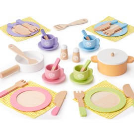 Toyssa 34 PCS Wooden Play Dishes and Plates Kitchen Set Toys for Toddler, Kids Play Kitchen Accessories with Pan & Tableware, Montessori Pretend Cooking Set Birthday Gifts for 3 4 5 6 Years Girls Boys