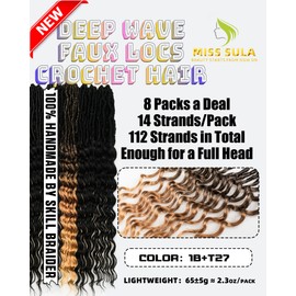 Faux Locs Crochet Hair- 24 Inches (6+2) Packs Pre Looped Natural Black+ Ombre Golden 112 Strands Synthetic Hair Extensions, Soft Goddess Locs Braids with Long Deep Wave Curly Ends(24"-8 Packs,1B+T27)