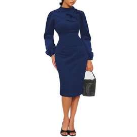 Richlylian Women's Church Dress Bishop Sleeve Bow Knot Work Casual Elegant Cocktail Party Pencil Midi Dresses Navy Blue L