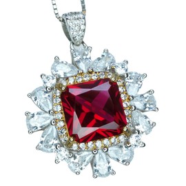 Luxury Square 7 CT Red Ruby Necklace, Diamond Surround 18KGP @ Sterling Silver - Radiant Cut Large 10 MM Red Ruby Pendant 18"+2" Chain