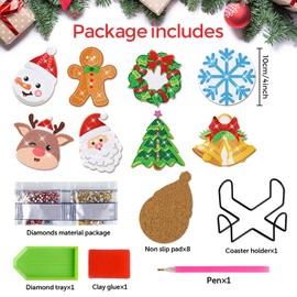 8 PCS Christmas Diamond Art Coasters Christmas Diamond Art Coasters Kits with Holder Santa Claus Snowman Snowflake DIY Coasters for Beginners, Adults, Kids, Diamond Art Crafts Supplies