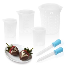 Tazas de silicona para derretir chocolate, paquete de 4 tazas medidoras de silicona de capacidad de 100/250/350 ml con 2 cuentagotas de 5 ml, suministros reutilizables para hornear moldes de chocolate
