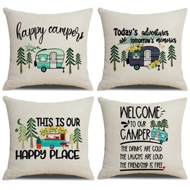 NYDECOR Happy Camper Pillow Covers Camping Our Happy Place Pillow Cover Adventure Throw Pillow Case Cotton Linen Pillowcase Cushion Covers for Rv Trailer Couch Sofa Bed 18x18 Set of 4