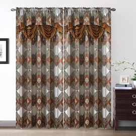 Petrichor Elegance Curtains with Gold Silver Threads 2 Panels Set - Luxury Window Treatment Attached Valance, Sheer Backing, and 2 Tie Backs for Bedroom and Living Room, 54x63 inches, Brown
