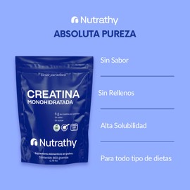 Nutrathy Creatina Monohidrata 800g. Completamente Pura, Sugar Free, Gluten Free, 5g de Creatina por porción, 160 días de Consumo, Scoop Incluído, Bottle Free.