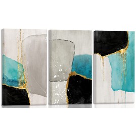 MYnaicee Abstract Canvas Wall Art 3 Piece Blue Turquoise Decor Modern Framed Black Gold Grey Bedroom Paintings Print Picture Artwork for Bathroom office decorations, 12inX16inX3(30cmX40cmX3)