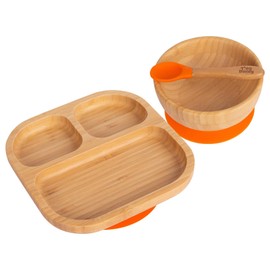 Tiny Dining Baby Dinner Set - Segmented - Orange - 3pc - Divided Non-Slip Bamboo Self-Feeding Baby Weaning Plate, Bowl & Spoon for Babies, Toddlers, Children