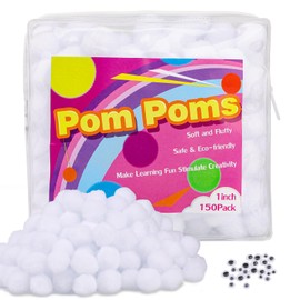 Bupete 150 Pcs Pom Poms,White Pompoms,1 Inch Pom Poms with 24 Eyes for Puff Balls, Arts and Craft Pom Pom Balls for DIY Art Crafts Decorations Project