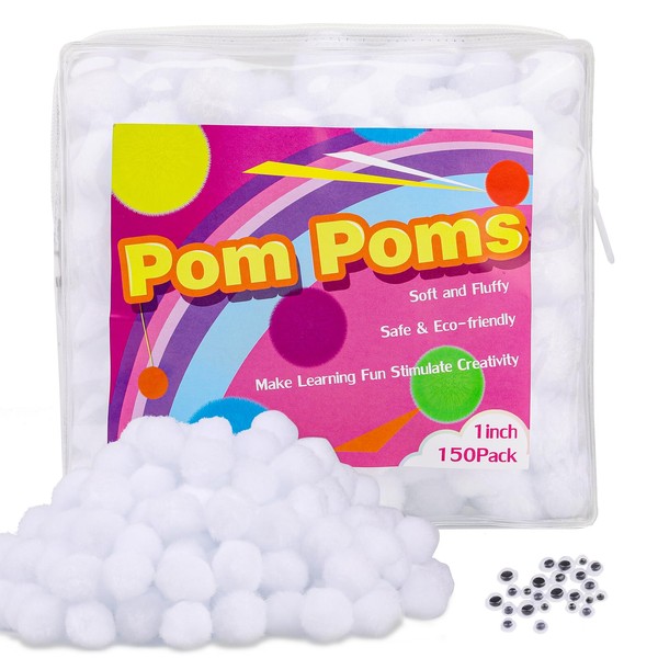 Bupete 150 Pcs Pom Poms,White Pompoms,1 Inch Pom Poms with