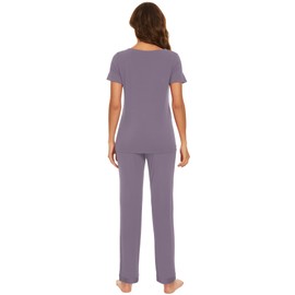 WiWi Womens Viscose from Bamboo Pajamas Set Short Sleeve Top with Pants Pjs Soft V Neck Sleepwear Lightweight S-3X, Violet, Large