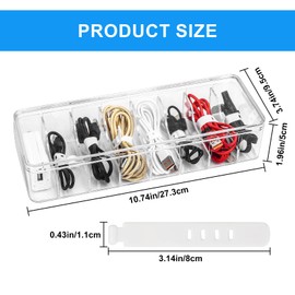 Data Cable Storage Box, Cable Management Box, Plastic Transparent Charging Cable Organizer Box with Lid, Cable Tidy Box with 8 Grid for Power Cord Organizer Cable Wire Organiser with 10 Wire Ties