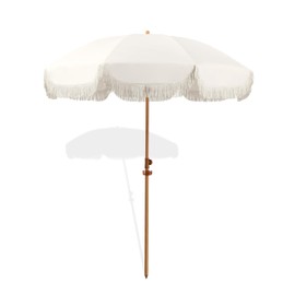 Seazul 6.5ft Patio Umbrella with Fringe, Beach Umbrella, Fringe Umbrella Outdoor Patio with Hanging Hook, Tilting Aluminum Pole, UV 50+, Fiberglass Ribs, Elegant Cream