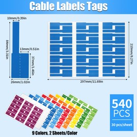 540 pcs Cable Labels, 9 Colors Cord Label, Waterproof Cables Tags, Self Adhesive Wire Labels, Cables Tags Printable for Laser Printer and Handwriting, Electronics Cable Management
