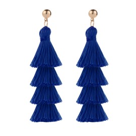 BaubleStar Fashion Gold Tassel Dangle Earrings Layered Long Bonita Tiered Thread Tassel Royal Blue Drop Statement Jewelry for Women