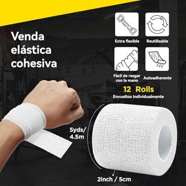 12 Rollos De Vendaje Autoadhesivo, Cinta Deportiva Elástica, 5cm X 4,5m, Adecuado Para Estiramientos Deportivos, Ejercicios, Muñecas Y Tobillos (Blanc