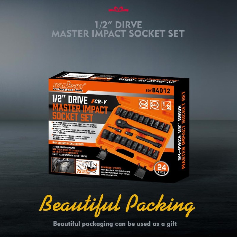 HORUSDY 1/2" Drive Shallow Impact Socket Set, 24-Piece SAE (7/16"-1")