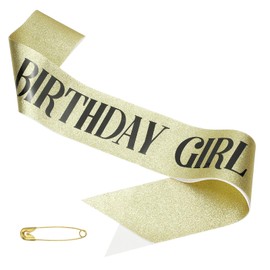 PATIKIL Birthday Girls Sash, Glitter Birthday Sash for Women Satin Princess Queen Sash Party Decorations with Safety Pin for Party Gifts Favors, Gold