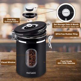 FACIACC Airtight Coffee Canister, 1800ML Stainless Steel Coffee Container with Measuring Scoop & Date Tracker Food Storage Container for Coffee Ground, Tea, Sugar and Nuts (Black)