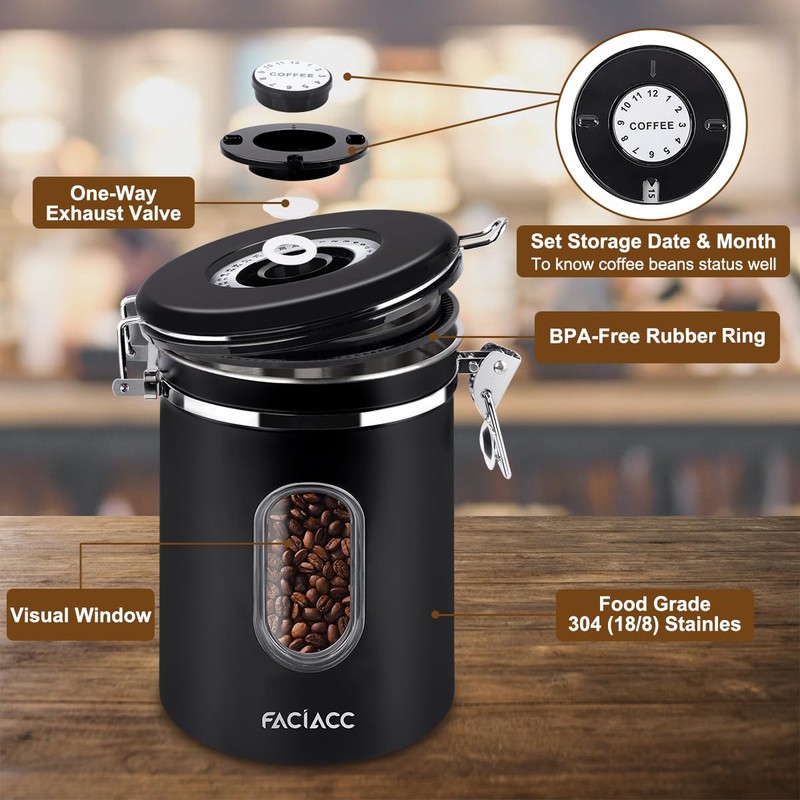 FACIACC Airtight Coffee Canister, 1800ML Stainless Steel Coffee Container with