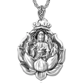 HannaFires 925 Pure Silver Guanyin Bodhisattva Pendant Necklace – Unisex Chinese Buddhist Spiritual Charm