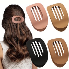 Yeomju Set of 4 Brown Matte Flat Hair Clips Set, Flat Claw Clip for Women, Round Lay Down Hair Clip for Thick and Thin Hair, Comfortable, Curved Flat Clips