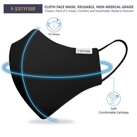V-Sixtyfour Cloth face mask, reusable, non-medical grade. 3 layers. Pack of 2 masks. Comfort and breathable. Made in Vietnam. (XXL - For extra big size, Gray)