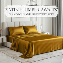 DECOLURE Satin Bed Sheets - 4 Piece Luxury Silky Twin Size Bedding Set - Softer Than Silk, Wrinkle-Free with 15” Deep Pocket Fitted Sheet, Perfect for Hair & Skin, Gifts for Women (Striped Gold)