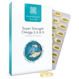 healthspan Healthspan Super Strength Omega 3, 6 & 9 1,200mg (90 Capsules) | Brain, Eye & Heart Health | Omega 3, 6 & 9 Fatty Acids | Premium Fish, Borage & Extra-Virgin Olive Oils | Sustainably Sourced