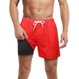 Mens Swim Trunks with Compression Liner Anti Chafe no Mesh net Comfort Swimming Shorts Boxer Brief Lined 7" Red Large