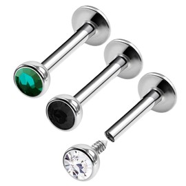 KJM Fashion Madonna Earrings Steel Lip 1.2 mm 16 g Crystal Ball Pack of 3, Stainless Steel