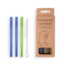 Pack of 3 Glass Straws, Green/Blue, Reusable, Glass Drinking Straws, Children's Straws, Dishwasher Safe, Includes Cleaning Brush, 12 cm Long for Children, Pack of 3 | + Brush