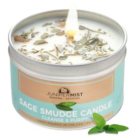 Sage Smudge Candle with White Sage Leaf (6oz) Manifest & Cleanse - Pure Sage Energy Cleansing Candle for Meditation – Spiritual for Protection & Intention – Soy Wax - Made in USA