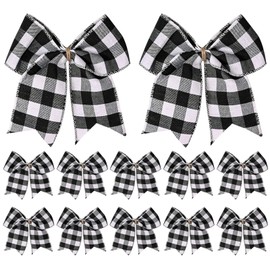 Fvviia 12 Pieces Christmas Bows Decoration Plaid Buffalo Check Bows Xmas Decorative for Holiday Tree Gift Decor-5 x 5.5 Inch (White and Black)