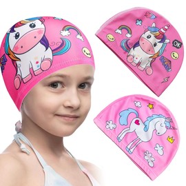 Tomedeks 2 PCS Swimming Cap Kids,Swimming Cap,Cartoon Swimming Cap,Polyester Kids Swimming Cap,Fabric Swimming Cap Kids,Children Cartoon Swimming Cap,Swimming Hat Kids Age 4-10(Unicorn)