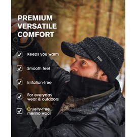 Comhats 50% Merino Wool Knitted Hat with Peak for Men and Women with Fleece Neck Circle, Winter Hat with Edge, Fleece Lined Running Hat, blue-black