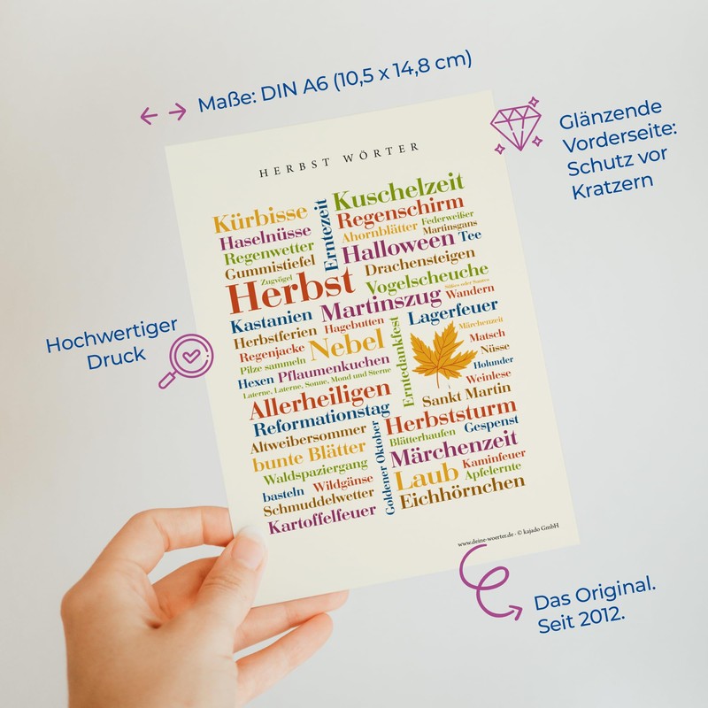 Deine Wörter Postcard Set - 5 Postcards with Autumn, Unique