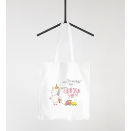 Moonworks® Jute Bag with German Text "Nur Verrückte hier komm Einhorn wir gehen Unicorn Wir gehen Unicorn Sayings [German Language] Cotton Bag with 2 Long Handles White