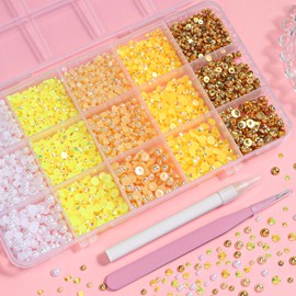12000 Pcs Yellow Flatback Nail Pearl and Resin Rhinestones for Crafting, Mixed Sizes 3/4/ 5 mm Jelly Rhinestone for Bedazzling, Half Pearls for Nails Gems Crystal DIY Mugs Makeup Crafts