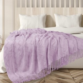PAVILIA Light Purple Knit Twin Blanket Couch, Soft Knitted Boho Farmhouse Home Decor Woven Throw, Cozy Decorative Afghan Bed Sofa, Outdoor Summer Fall Gift, Lightweight, Lilac Lavender Purple, 60x80