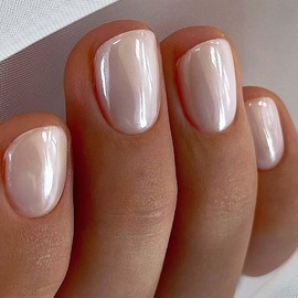 Short False Nails - Pearl White False Nails - Square Short false Nails with Glue Shimmer Pearlescent Design - Classic White Press on Nails Glossy Full Cover Acrylic DIY Nail Art